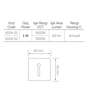 inoled 6104-02 1 Watt Sensörlü Antrasit Kare LED Merdiven Armatürü - Gün Işığı (3000K)