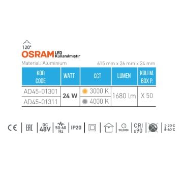 ACK AD45-01311 24 Watt 61 cm OSRAM LED Magnet Armatür - Ilık Beyaz (4000K)