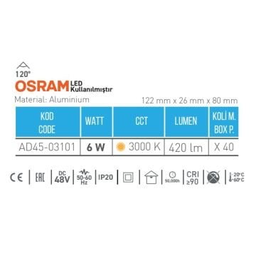 ACK AD45-03101 6 Watt 12 cm OSRAM LED Magnet Armatür - Gün Işığı (3000K)