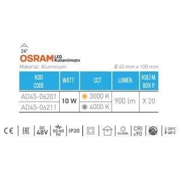 ACK AD45-06211 10 Watt OSRAM LED Magnet Ray Spot - Ilık Beyaz (4000K)
