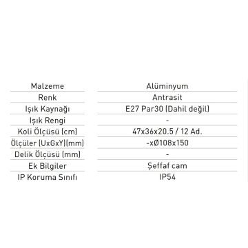 JUPITER JW963 AN 10x15 cm Antrasit Dış Mekan Sıva Üstü Spot - E27 Duylu - Metal