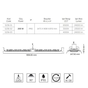 inoled 5236-02 200 Watt 91 cm LED Yüksek Tavan Armatürü - Gün Işığı (3000K)