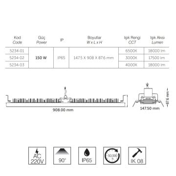inoled 5234-01 150 Watt 91 cm LED Yüksek Tavan Armatürü - Beyaz Işık (6500K)