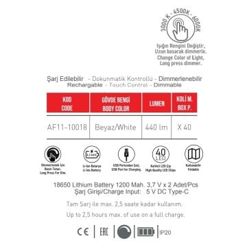 ACK AF11-10018 Dimli ve Dokunmatik Şarjlı LED Masa Lambası - 3 Işık Renkli (Beyaz + Ilık Beyaz + Gün Işığı)