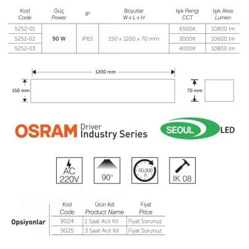 inoled 5252-02 90 Watt 120 cm OSRAM/SEOUL LED Yüksek Tavan Armatürü - Gün Işığı (3000K)