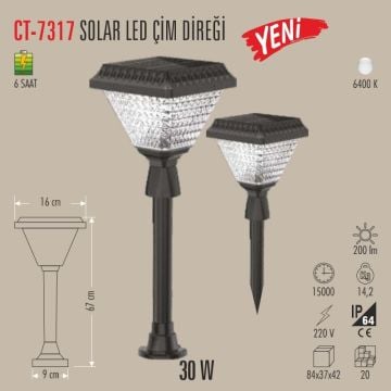CATA CT-7317 30 Watt Solar Bahçe Armatürü - Beyaz Işık (6400K)