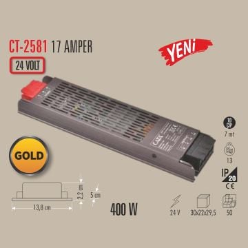 CATA CT-2581 24 Volt 400 Watt 17 Amper Ultra Slim LED Trafosu