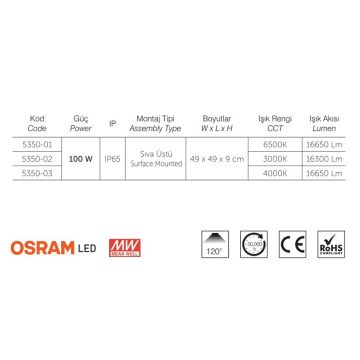 inoled 5352-01 100 Watt Sıva Üstü LED Kanopi Armatür - OSRAM LED & MEAN WELL Driver - Beyaz Işık (6500K)