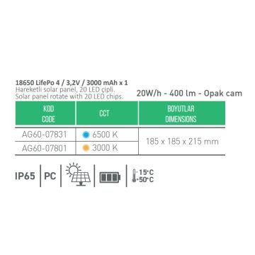 ACK AG60-07801 20 Watt/h Solar Set Üstü Aplik/Kazıklı Solar Bahçe Armatürü - Gün Işığı (3000K) - PC Gövde