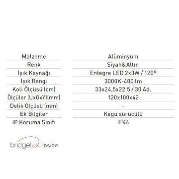 JUPITER LW448 S&A 2x3 Watt Siyah-Gold Çift Yönlü Dış Mekan LED Aplik - Gün Işığı (3000K)