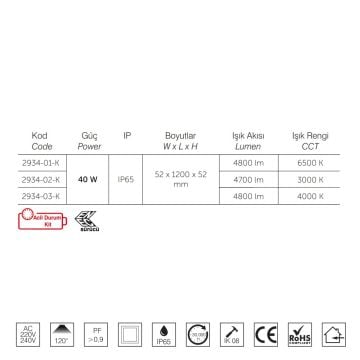inoled 2934-01-K 40 Watt 120 cm Acil Aydınlatma Kitli Nemliyer LED Etanj - ENEC Sürücülü - Beyaz Işık (6500K)