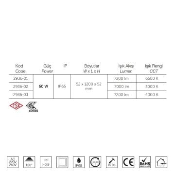 inoled 2936-03 60 Watt 120 cm Acil Aydınlatma Kitli Nemliyer LED Etanj - ENEC Sürücülü - Ilık Beyaz (4000K)