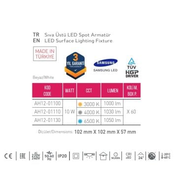 ACK AH12-01110 10 Watt 10x10x6 cm Beyaz-Platin Sıva Üstü LED Spot - Metal - Beyaz Işık (6500K)