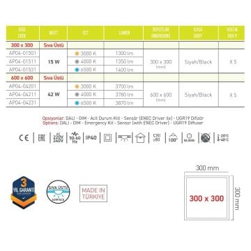 ACK AP04-01511 15 Watt Siyah Kasa Sıva Üstü 30x30 LED Panel - Ilık Beyaz (4000K)