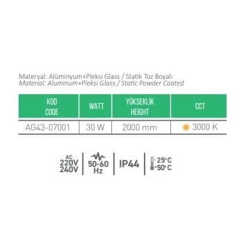 CreaLight AG43-07001 30 Watt 200 cm LED Park & Peyzaj Armatürü - Gün Işığı (3000K) - Metal Gövde