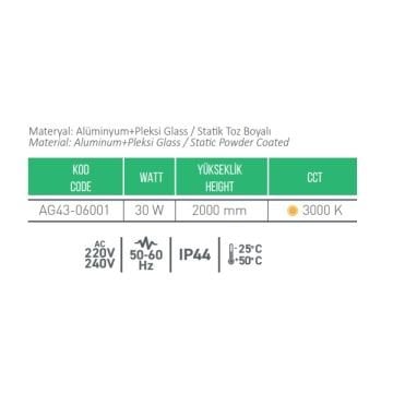 CreaLight AG43-06001 30 Watt 200 cm LED Park & Peyzaj Armatürü - Gün Işığı (3000K) - Metal Gövde