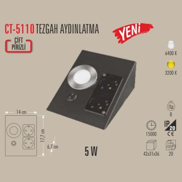 CATA CT-5110 Çift Prizli 5 Watt Tezgah Altı LED Aplik