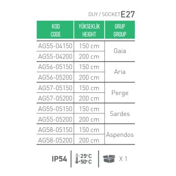 CreaLight AG55-05200 Sardes 200 cm Park & Peyzaj Armatürü (PC Gövde - E27 Duylu)