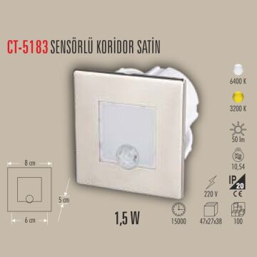 CATA CT-5183 1.5 Watt Hareket Sensörlü Sıva Altı Kare LED Merdiven Armatürü (Saten Kasa)