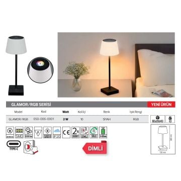 HOROZ 050-006-0001 GLAMOR 2 Watt Dimli ve Dokunmatik, Şarjlı LED Masa Lambası - RGB