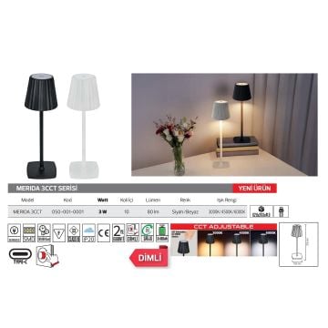 HOROZ 050-001-0001-Siyah 3 Watt Dimli ve Dokunmatik, Şarjlı LED Masa Lambası - 3 Işık Renkli (Beyaz + Ilık Beyaz + Gün Işığı)