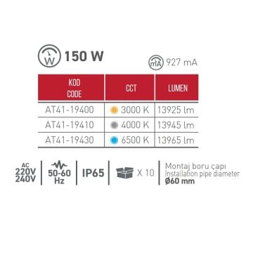 ACK AT41-19410 150 Watt LED Sokak Armatürü - Ilık Beyaz (4000K)