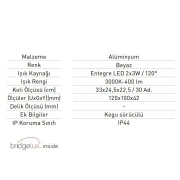 JUPITER LW448 B 2x3 Watt Beyaz Çift Yönlü Dış Mekan LED Aplik - Gün Işığı (3000K)