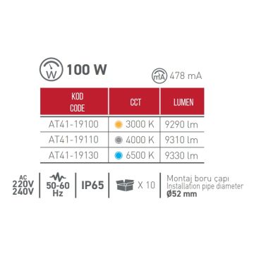 ACK AT41-19110 100 Watt LED Sokak Armatürü - Ilık Beyaz (4000K)