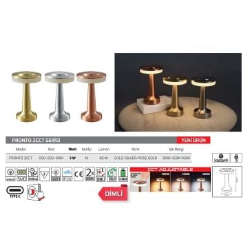 HOROZ 050-002-0001-Gold PRONTO Gold 2 Watt Dimli ve Dokunmatik, Şarjlı LED Masa Lambası - 3 Işık Renkli (Beyaz + Ilık Beyaz + Gün Işığı)