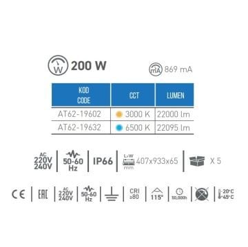 ACK AT62-19632 200 Watt LED Projektör - Beyaz Işık (6500K)
