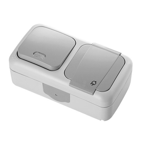 VİKO Palmiye 90555594 Yatay İkili Kombine Işıklı Light Anahtarı ve Topraklı Priz [Gri]