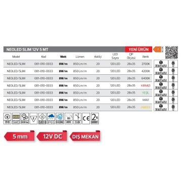 HOROZ 081-010-0033-4200K 12 Volt Ilık Beyaz (4000K) Slim Neon Led - 8 Watt/Metre [5 Metre]