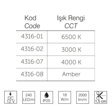 inoled 4316-02 12 Volt Gün Işığı (3000K) Şerit Led - 240 Ledli - 18 Watt/Metre (5 Metre)