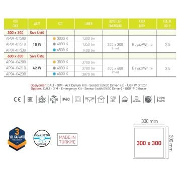ACK AP04-01500 15 Watt Sıva Üstü 30x30 LED Panel - Gün Işığı (3000K)