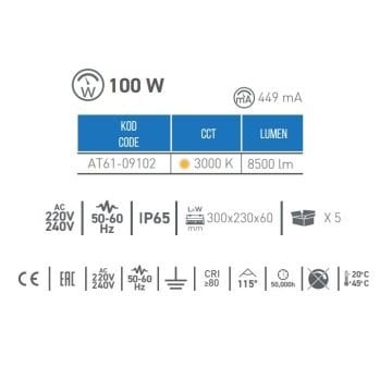 ACK AT61-09102 100 Watt LED Projektör - Gün Işığı (3000K)