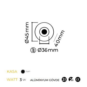 MOLLED MOL7077 2 Watt Siyah Sıva Altı Yuvarlak LED Merdiven Armatürü (Metal)