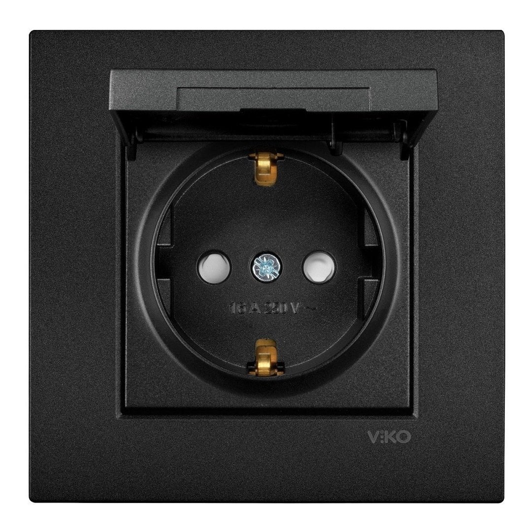 VİKO Novella/Trenda 92605512 Çocuk Korumalı Kapaklı Topraklı Priz Kapağı [Siyah]