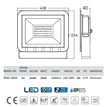 Braytron BT60-19632 200 Watt LED Projektör - Beyaz Işık (6500K)