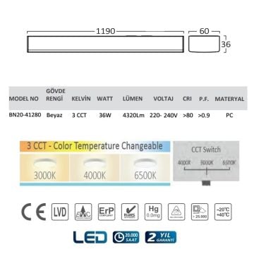 Braytron BN20-41280 36 Watt 120 cm Sensörlü LED Bant Armatür - 3 Işık Renkli (Beyaz + Ilık Beyaz + Gün Işığı)
