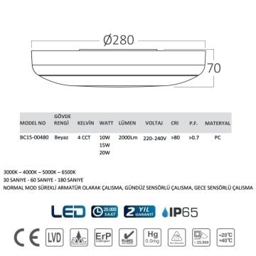 Braytron BC15-00480 20 Watt Sensörlü Tavan Armatürü - 4 Işık Renkli