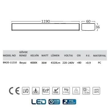 Braytron BN20-11210 36 Watt 120 cm LED Bant Armatür - Ilık Beyaz (4000K)