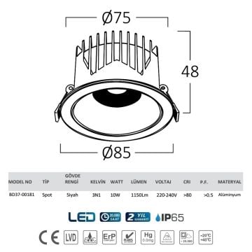Braytron BD37-00181 10 Watt Siyah Sıva Altı Yuvarlak LED Spot - 3 Işık Renkli (Beyaz + Ilık Beyaz + Gün Işığı)