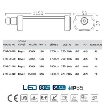 Braytron BT07-01210 32 Watt 115 cm Nemliyer LED Etanj - IP65 -Beyaz Işık (6500K)