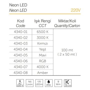 inoled 4340-03 220 Volt Kırmızı Neon Hortum Led - 7 Watt/Metre (50 Metre)