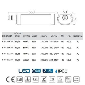 Braytron BT07-00610 16 Watt 55 cm Nemliyer LED Etanj - IP65 -Beyaz Işık (6500K)