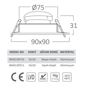 Braytron BH03-00711 Siyah Sıva Altı Kare Spot Kasası (Metal)