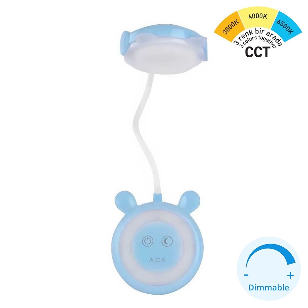 ACK AF11-10010 Dimli ve Dokunmatik Şarjlı LED Masa Lambası - Mavi - 3 Işık Renkli (Beyaz + Ilık Beyaz + Gün Işığı)