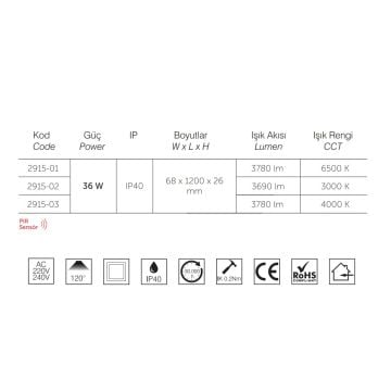 inoled 2915-01 36 Watt 120 cm Sensörlü LED Bant Armatür - Beyaz Işık (6500K)