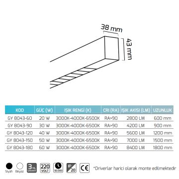GOYA GY 8043-180 Siyah/Beyaz Kasa 60 Watt 180 cm Sıva Üstü Lensli Lineer Armatür