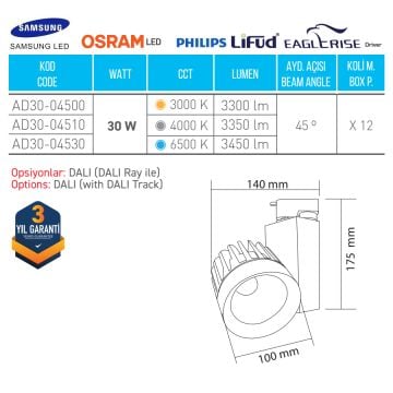 ACK AD30-04530 30 Watt Beyaz Kasa LED Ray Spot - OSRAM LED & OSRAM/PHILIPS Driver - Beyaz Işık (6500K)